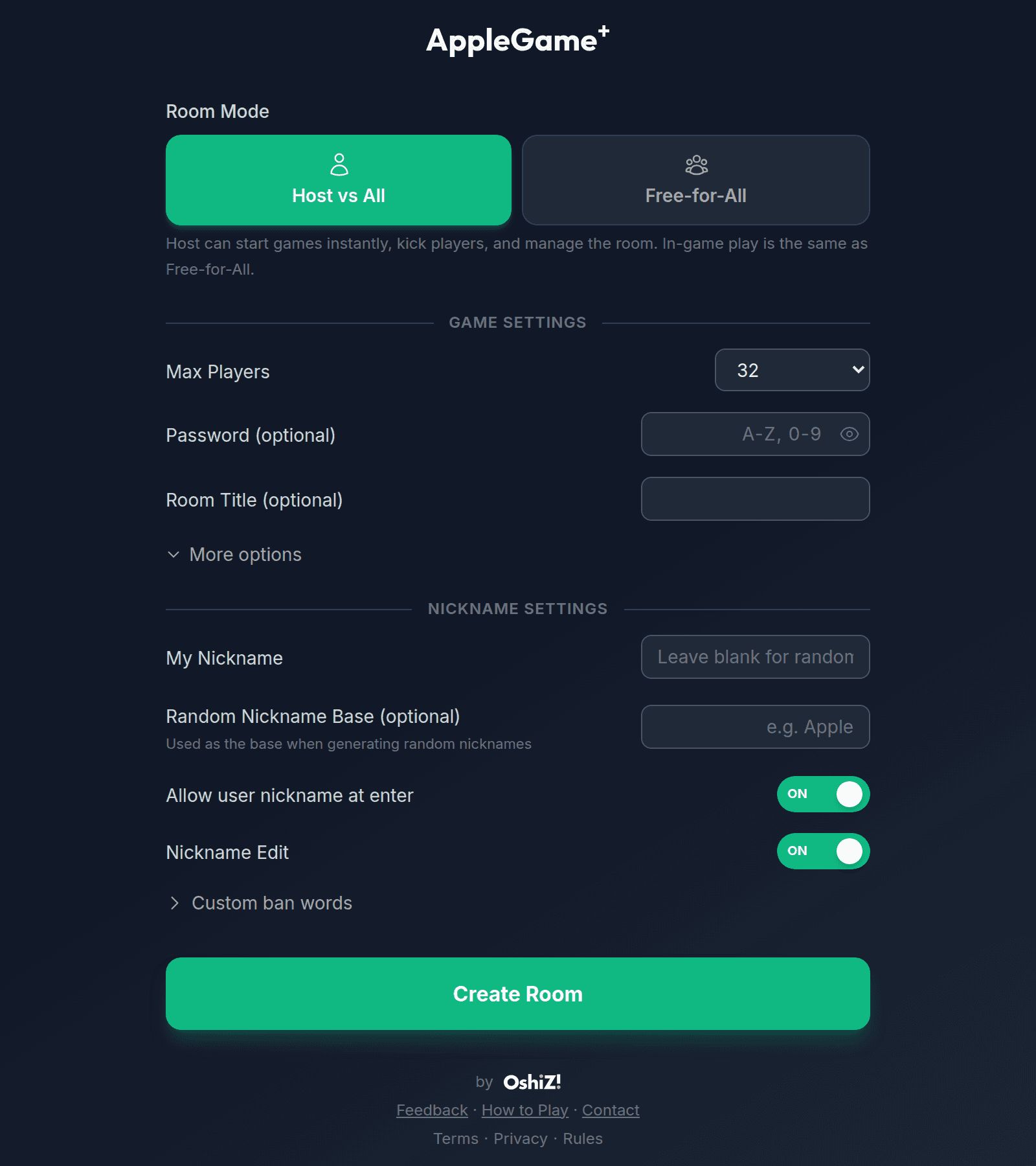 Create-room screen