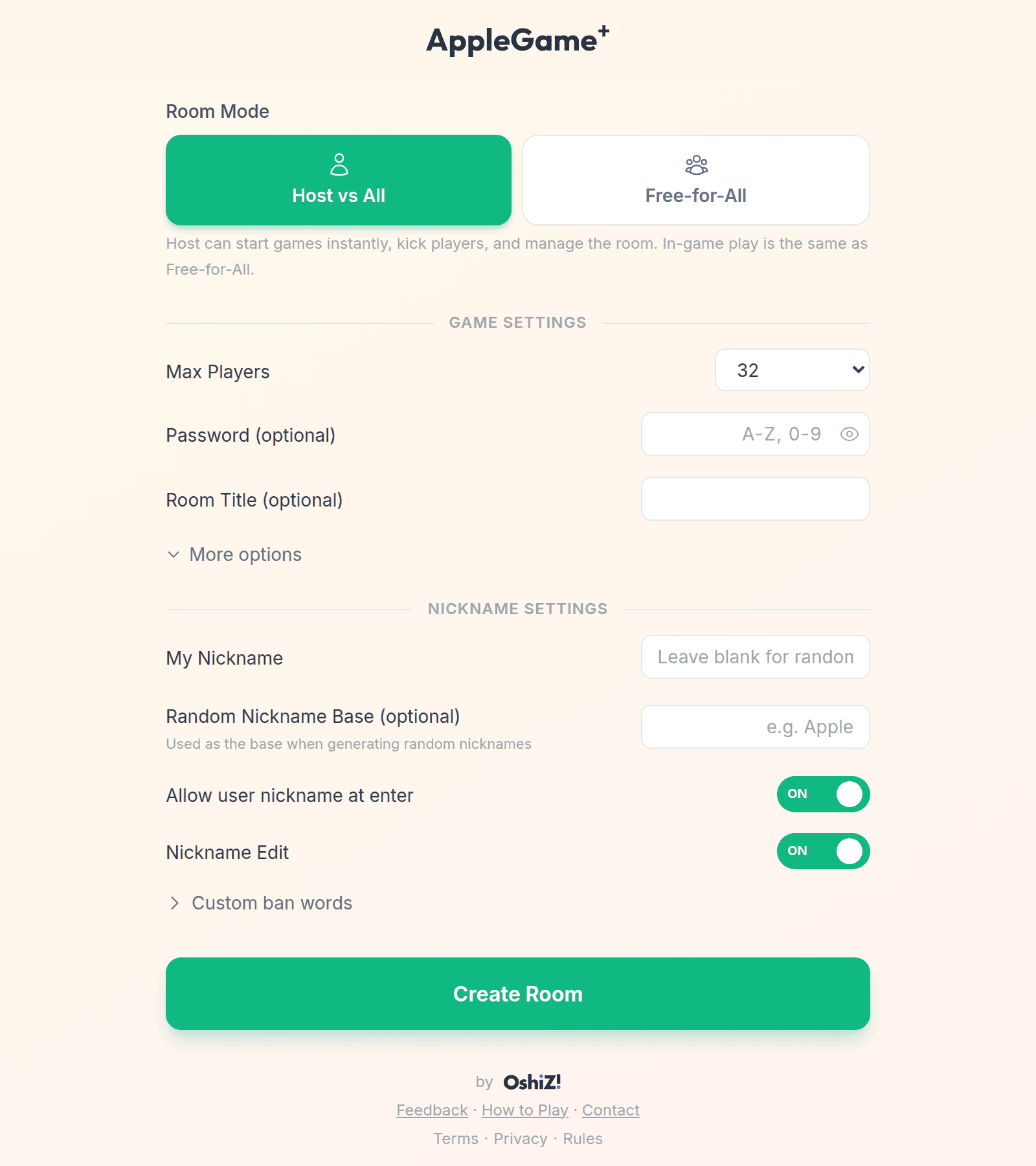 Create-room screen